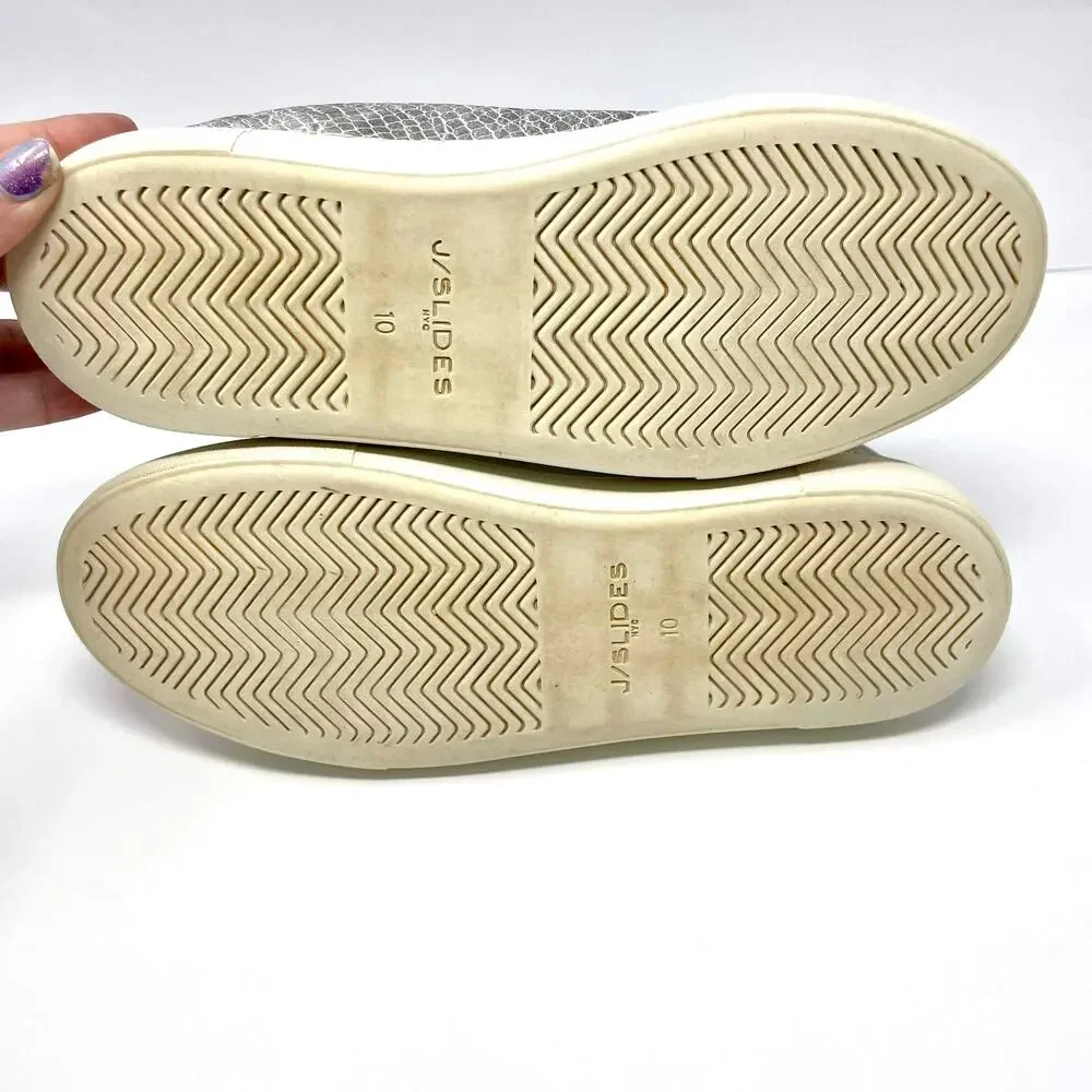 J SLIDES Silver White Slip On Snake Print Sneakers